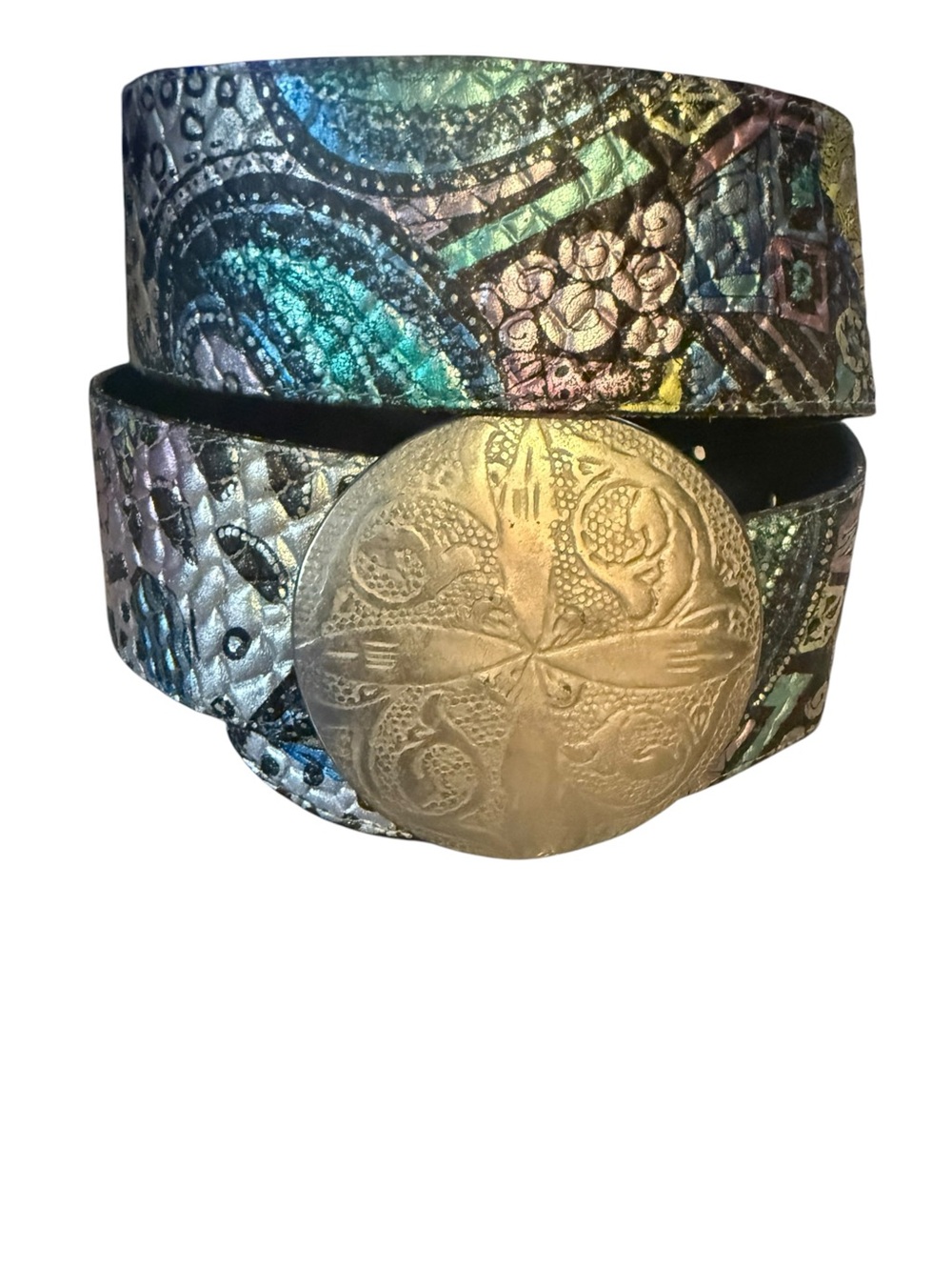 Y2K Chico’s Metallic Leather Statement Belt Oversized Medallion Buckle Boho M/L